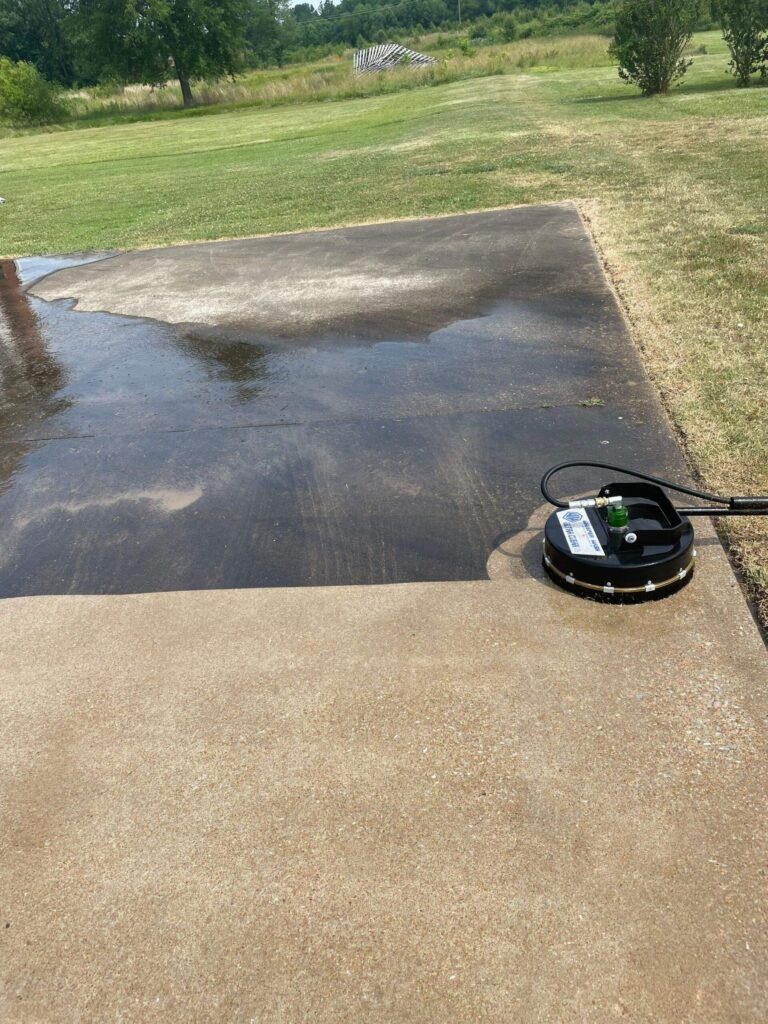 Surface cleaner with high volume pressure washer makes quick order of large concrete slabs. A softwash application of a post treatment keeps it looking good for a longer period of time.