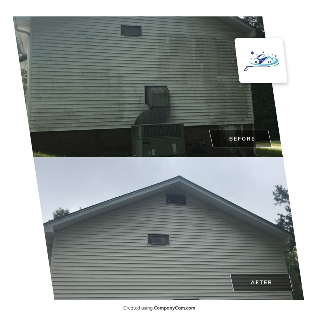 Shooting to 2nd story to clean vinyl siding with our softwash system.