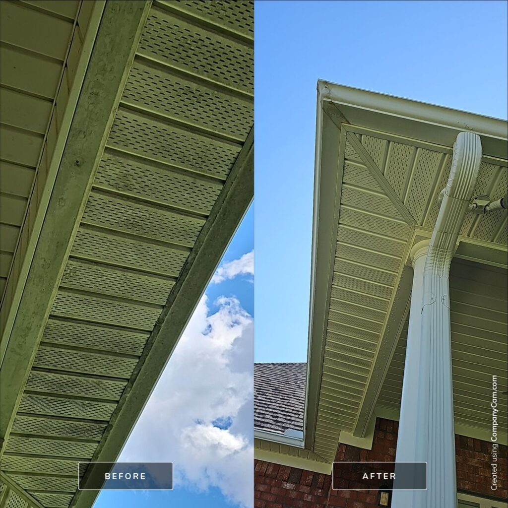 Vinyl soffit cleaning via software with minimal water needed.